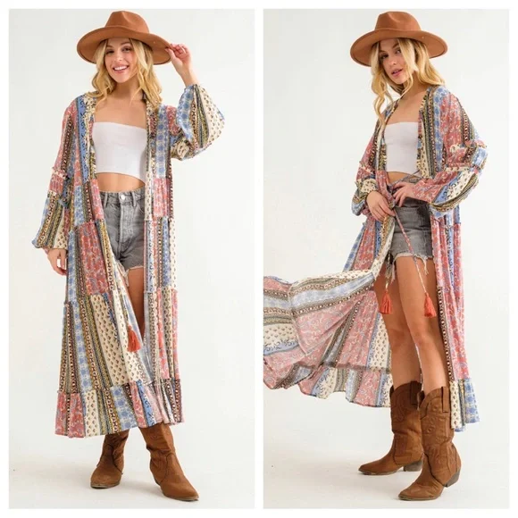 01 ✨RESTOCKED✨Boho Border Print Woven Kimono Long Cardigan - Picture 3 of 6